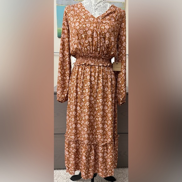 Blu Pepper Maxi Dress Floral Brown & Pink Long Sleeve Smocked Waist Ruffle Med - Picture 1 of 8